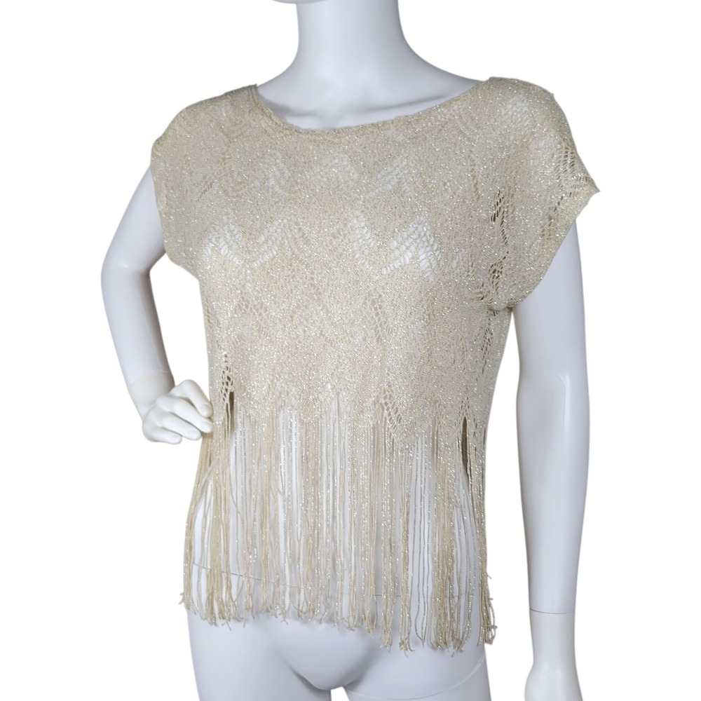 Y2K Fringe Top‎ Womens Large Champagne Metallic Crochet Boho Festival Sparkle